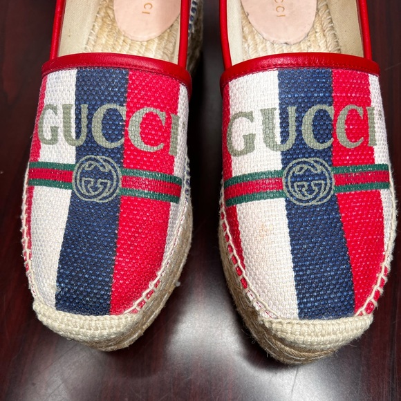 Gucci Sylvie Stripe Logo Platform Espadrilles Size 37.5 - Picture 7 of 9